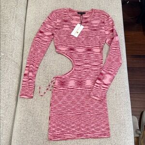 Pink Sweater Ribbed Dress With Cutout